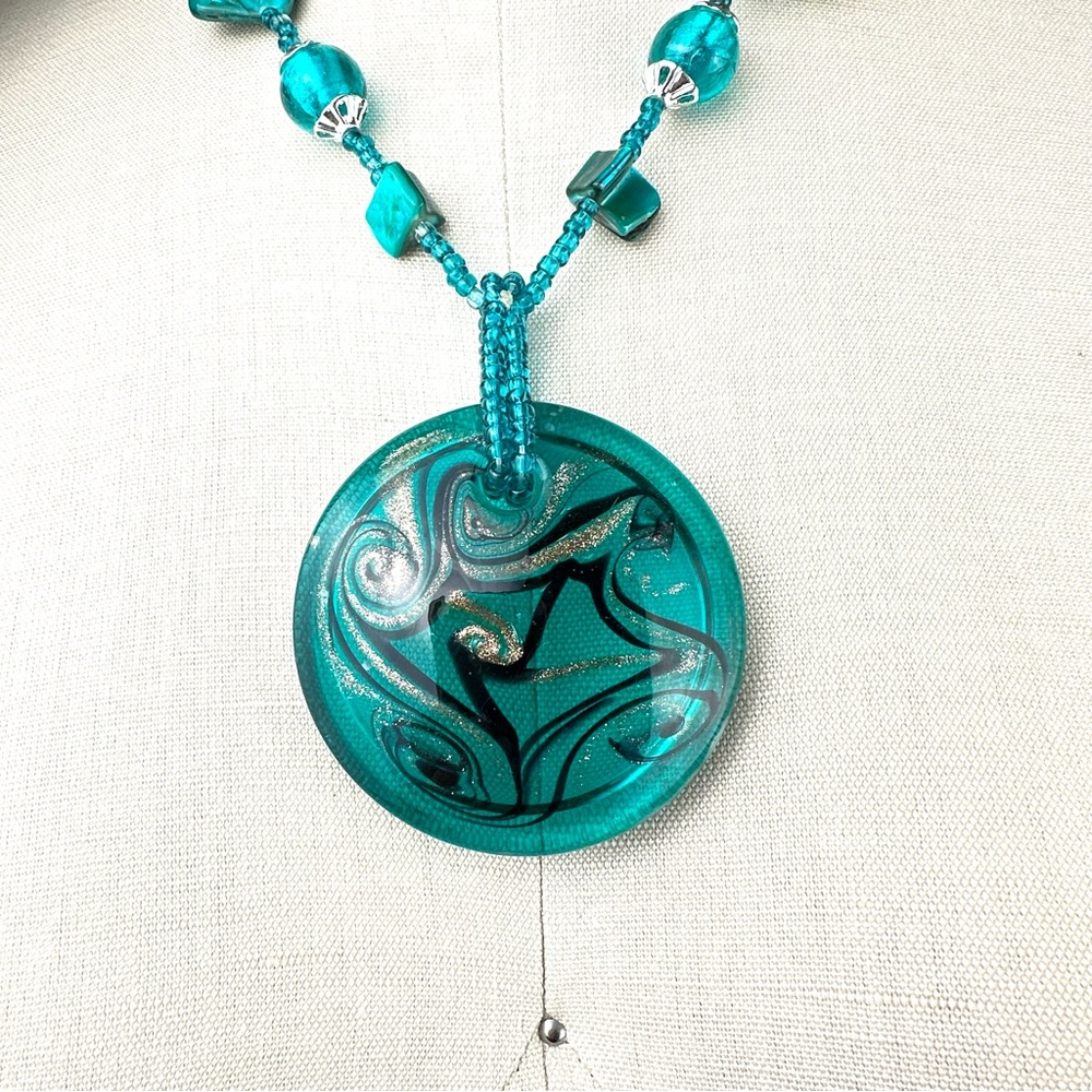 Glass Pendant "Ocean" Necklacece Turquoise & Metallic